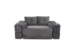 Canapé droit convertible 2 places en velours côtelé gris foncé, poches et porte-gobelet, confort durable
