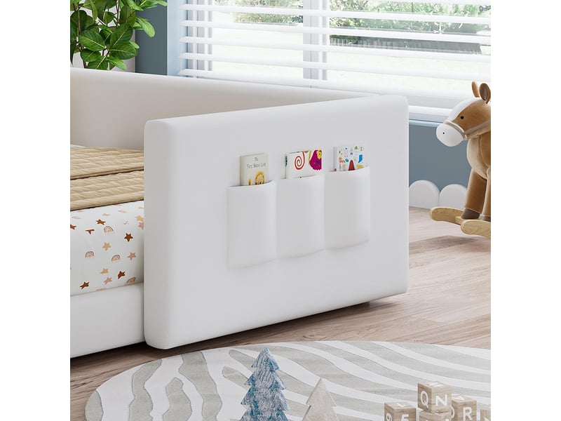  Lit d'enfant 140 x 200 cm, en pu, équipé de 3 poches de rangement pratiques, bords surpiqués, structure en pu et contreplaqué, blanc  - Conforama W