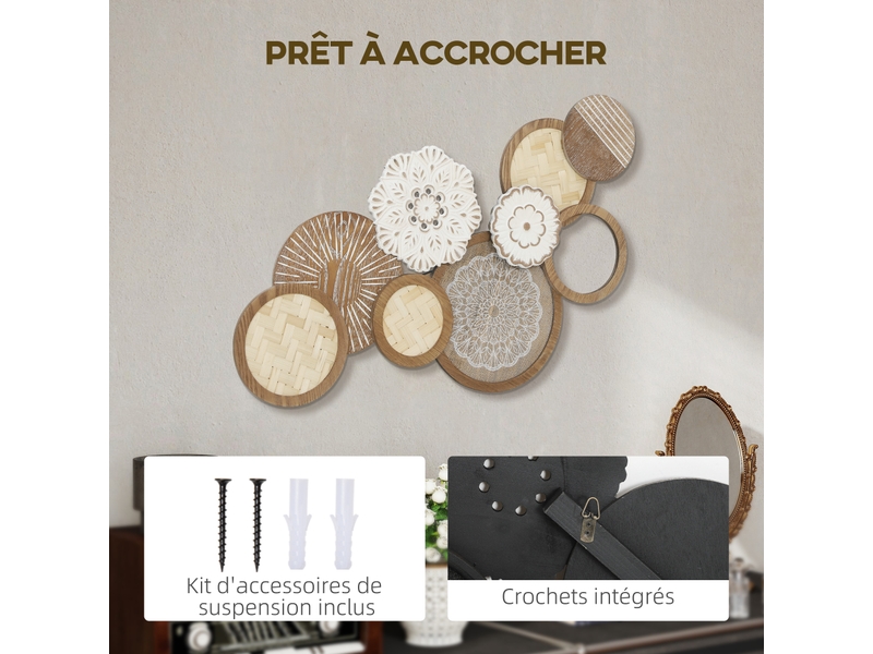  Décoration murale en bois, sculpture murale en bois, design unique à plusieurs disques, bois naturel, 83,8 x 44,5 cm  - Conforama E