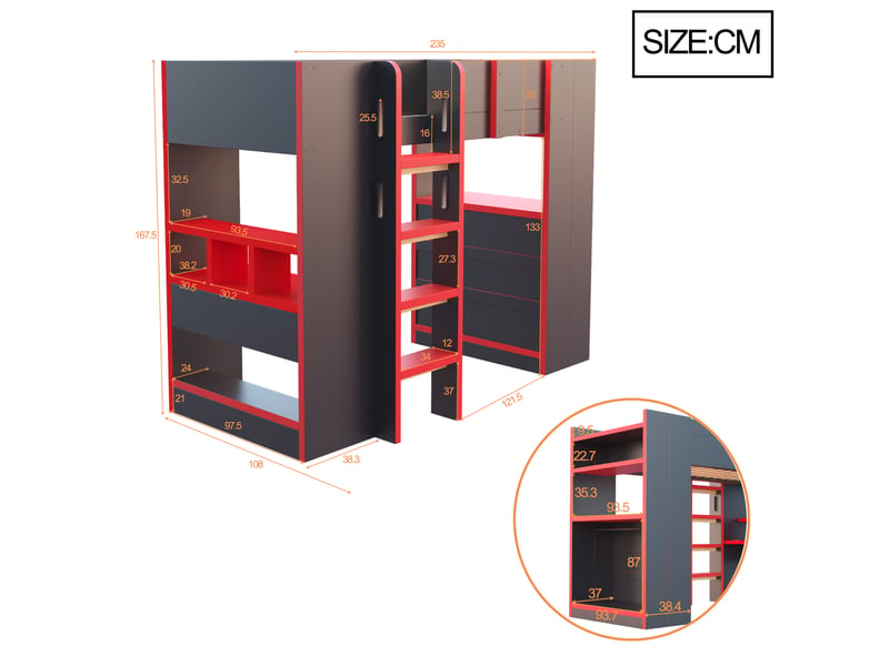  Lit mezzanine 90 x 200 cm avec bureau, support ordinateur, étagères, penderie, prise et éclairage led, noir et rouge Bliss Lite - Conforama C