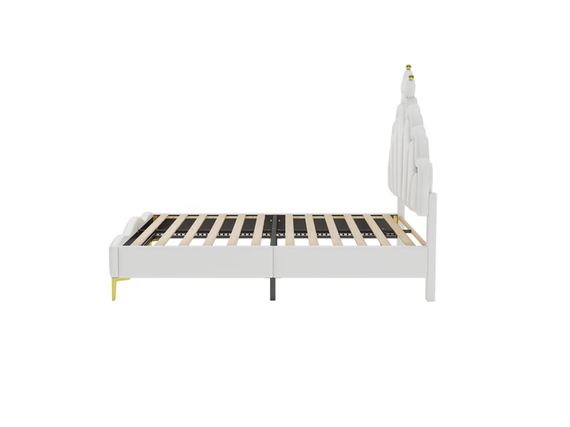  Lit princesse blanc 140x200 cm en similicuir PU, tête couronne et LED réglable  - Conforama D