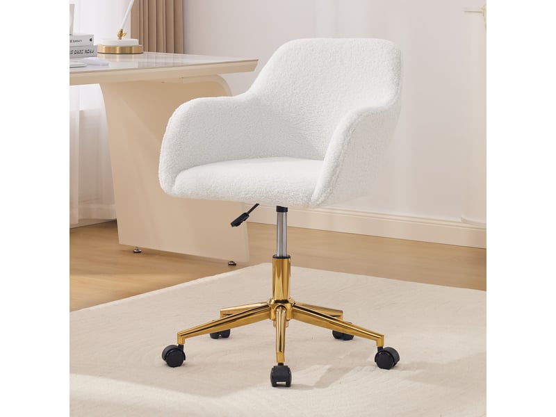  Chaise de bureau pivotante réglable en hauteur - lpospi - base dorée à roulettes, tissu bouclette ivoire  - Conforama C