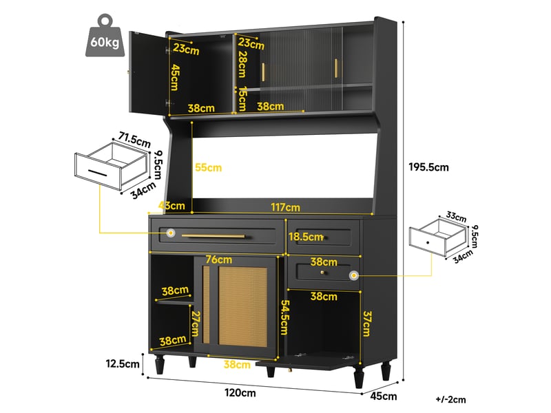  Buffet cuisine 3 portes et 3 tiroirs, 105 x 38,4 x 180 cm, éclairage led, porte coulissante et range-bouteilles amovible, mdf, noir Morn Vibe - Conforama C