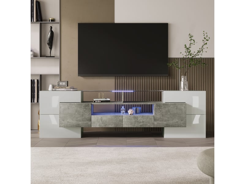  Meuble tv avec 6 portes, 2 tiroirs, 3 niches et led pour salon en mdf 200×35×60 cm blanc brillant et gris  - Conforama B