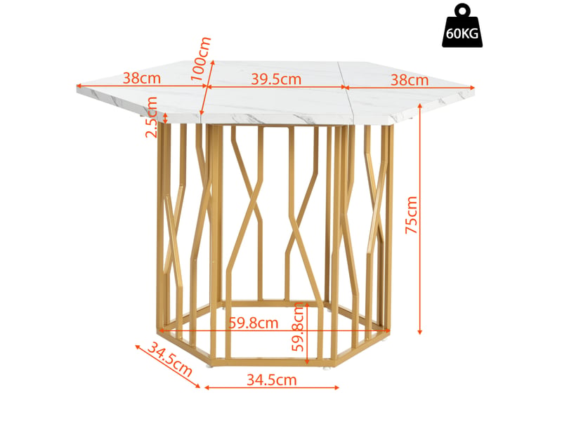  Table à manger hexagonale 115,5 x 100 cm en mdf marbré, blanc et doré  - Conforama C