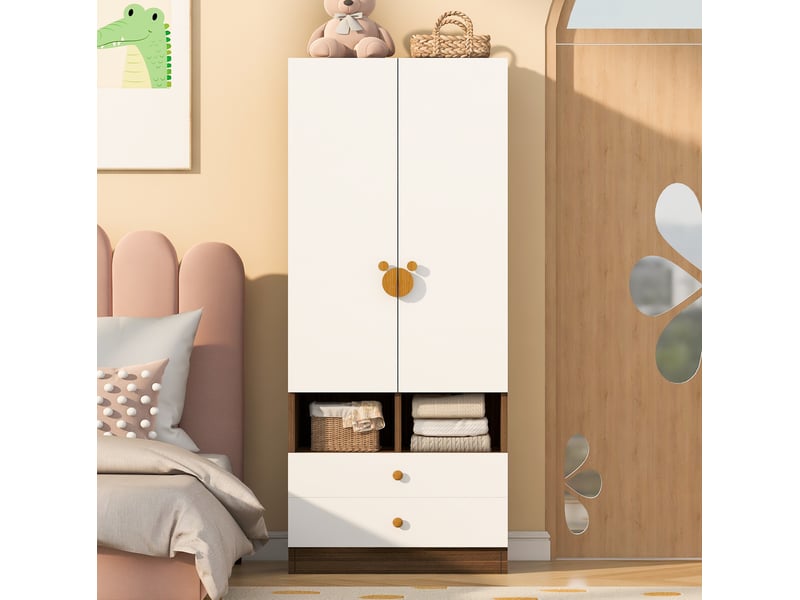  Armoire modenvie 2 portes avec 2 tiroirs et niches 70 x 50 x 170 cm mdf bois naturel et blanc  - Conforama D