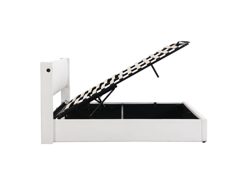  Lit rembourré led binaural 140 x 190 cm, allumé hydraulique, port usb rechargeable dans le allumé, avec éclairage led, avec espace de rangement, tête de lit réglable, galet pu, blanc  - Conforama E