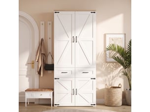 Armoire penderie 90x50x200 cm - 4 portes - 5 tiroirs - 2 tringles - style campagne - mdf - blanc