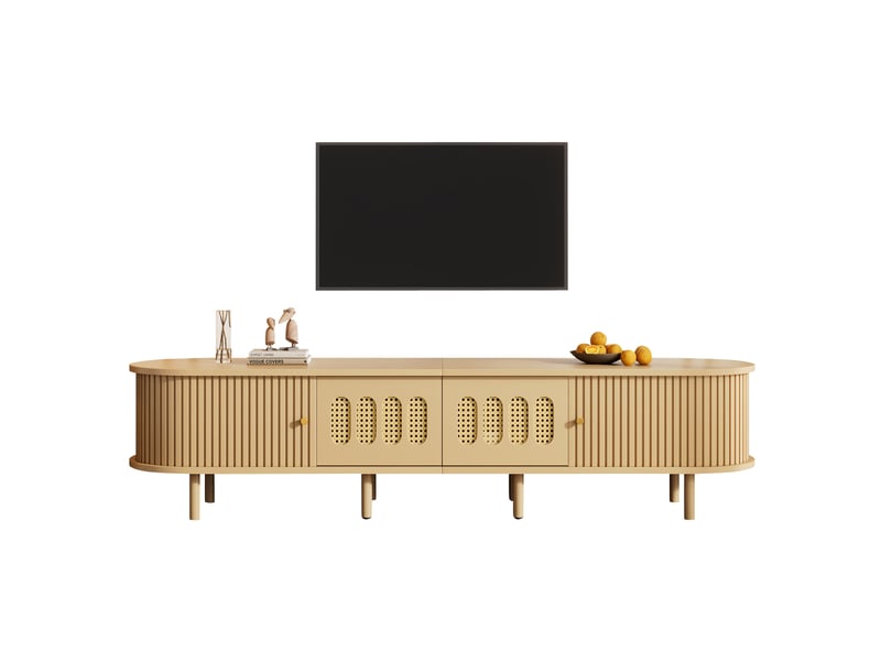  Meuble tv avec portes en rotin 180x40x40 cm en mdf bois clair  - Conforama A