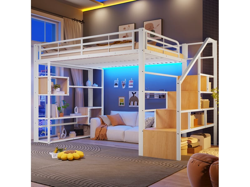  Lit mezzanine 140x200 cm, rangements, escalier, garde-corps, led, métal mdf, blanc, sans matelas  - Conforama B