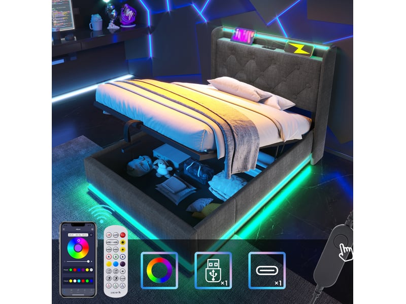 Lit coffre adulte 90x200 cm – gris – led 360°, tête de lit usb-c, rangement hydraulique, matelas inclus - Conforama E