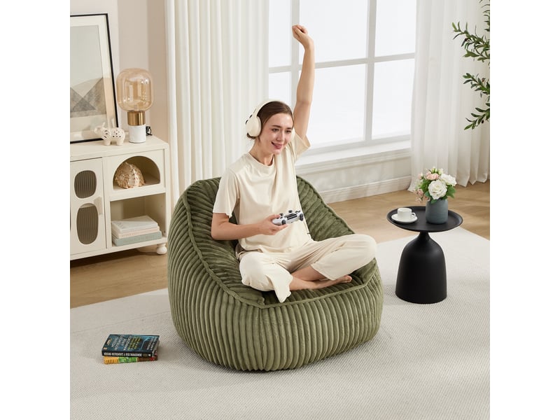 Fauteuil 1 place - 98x92x73cm - fauteuil pouf en mousse à mémoire de forme et peluche rayée - vert - Conforama D