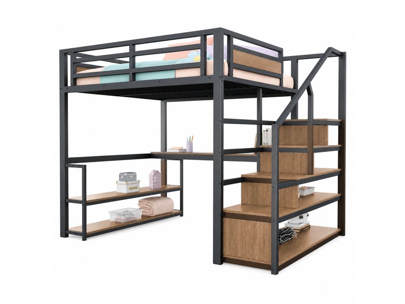  Lit mezzanine double 140×200 cm avec escalier de rangement, étagères et bureau  - sans matelas, métal noir  - Conforama A