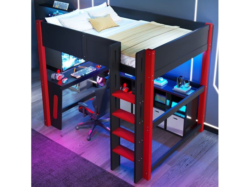  Lit mezzanine 140x200 cm noir avec bureau, panneau perforé et éclairage led  - Conforama D