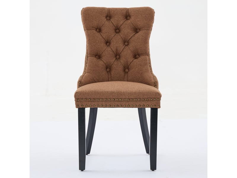  Lot de 2 chaises contemporaines en lin café, dossier capitonné, bois massif, clous décoratifs  - Conforama A