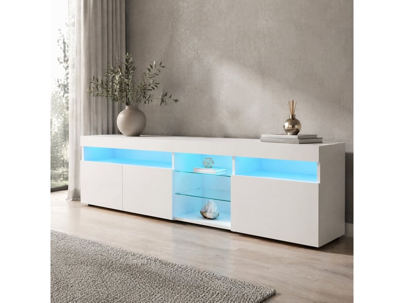  Meuble tv moderne blanc 180 cm en mdf avec led multicolore et 3 portes  - Conforama B