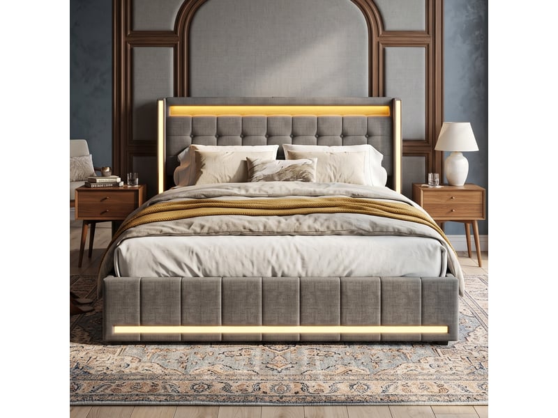  Dreammespace lit double queen size 160x200 cm avec 4 tiroirs et prises usb type-c cadre led sommier à lattes tissu lin gris foncé DreamMespace - Conforama C