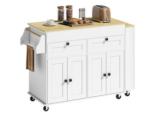 Îlot de cuisine extensible sur roulettes 4 portes 2 tiroirs blanc 127,2-189,2x50x87,8 cm