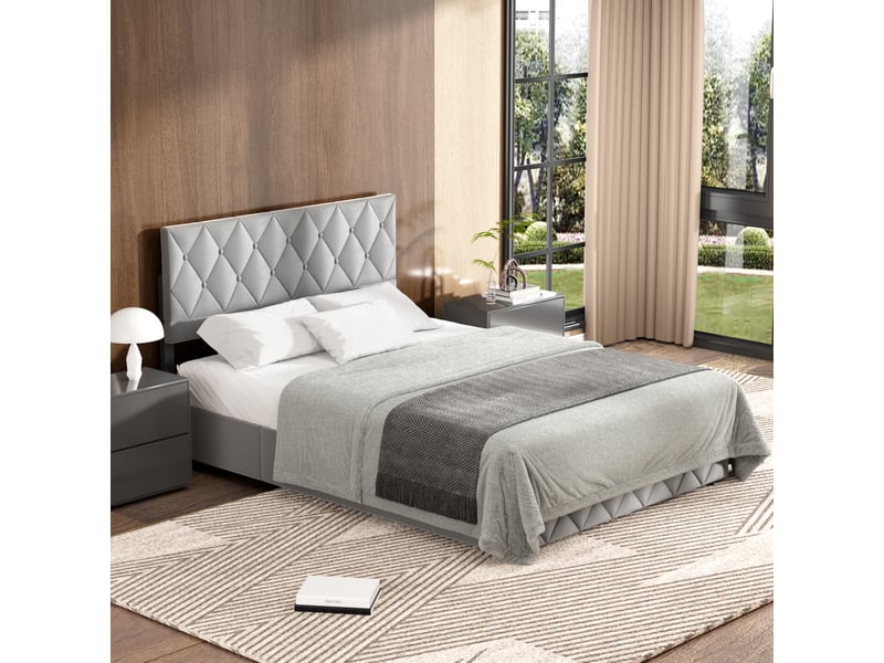 Lit double 140x200 cm avec tête de lit rembourrée gris homvra - Conforama C
