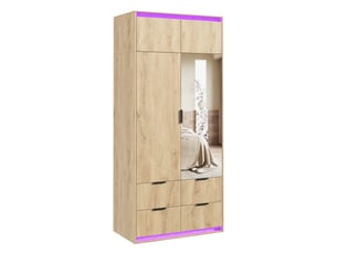 Armoire 2 portes avec miroir et éclairage led, 90x47x200 cm, 4 tiroirs, penderie, mdf, chêne