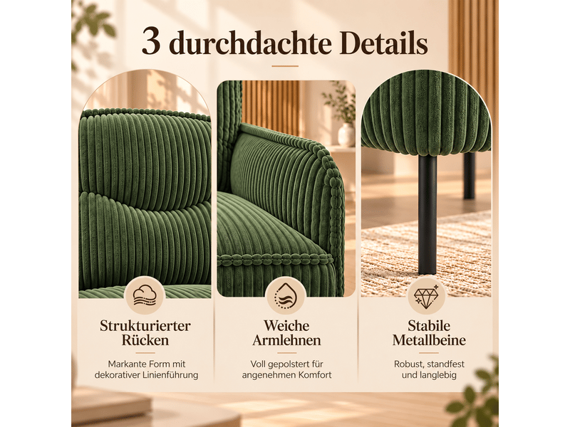  Fauteuil de salon - fauteuil 1 place en velours tricoté avec accoudoirs et poches latérales, 69 x 73 x 83 cm, vert  - Conforama R