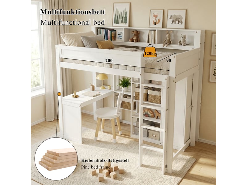  Lit superposé enfant 90×200 cm avec bureau, armoire et barrières  - étagères, sans matelas, bois blanc  - Conforama E