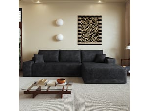 Canapé d’angle 3 places 270 x 175 cm noir, méridienne droite, velours côtelé