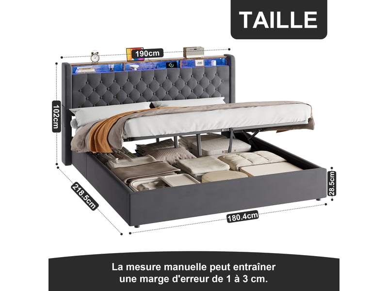  Lit coffre rembourré ulevr 180 x 200 cm avec tête de lit pliable à rangement, velours gris foncé  - Conforama C