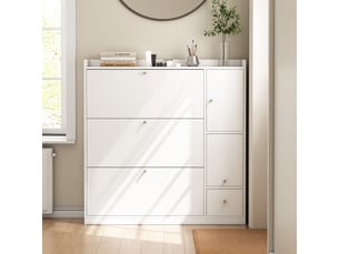 Meuble à chaussures basculant - meuble d’entrée avec 3 tiroirs et rangement intégré - banc multifonction pour couloir ou entrée - blanc - 119x24x122 cm
