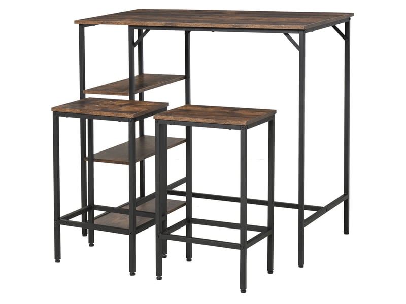  Ensemble table de bar et 2 tabourets avec repose-pieds, étagères à 3 niveaux et coussins, 109 x 60 x 100 cm, marron rustique  - Conforama B