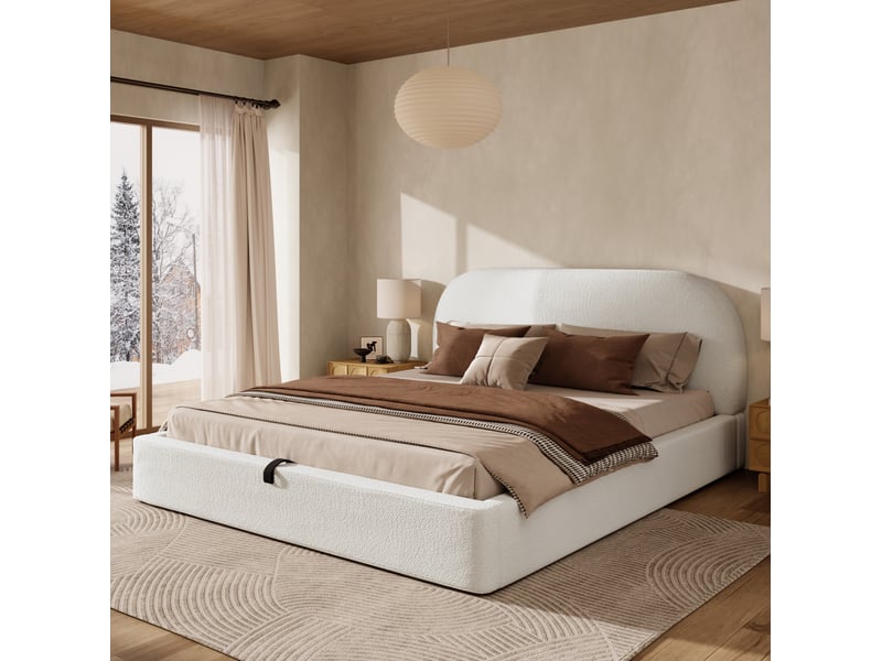  Elvmi lit coffre double 180x200 cm en bouclé beige avec sommier à lattes et matelas inclus, coffre de rangement hydraulique, tête de lit rembourrée 13,5 cm, structure encastrée stable, housses amovibles et lavables, coins arrond…  - Conforama E