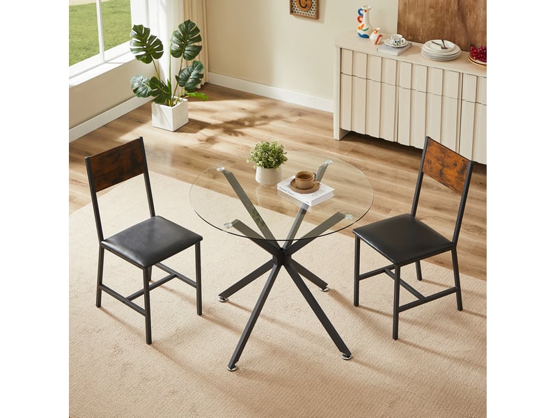  Table de salle à manger ronde pour 1 à 4 personnes avec plateau en verre trempé et pieds métalliques noirs 80 cm  - Conforama E