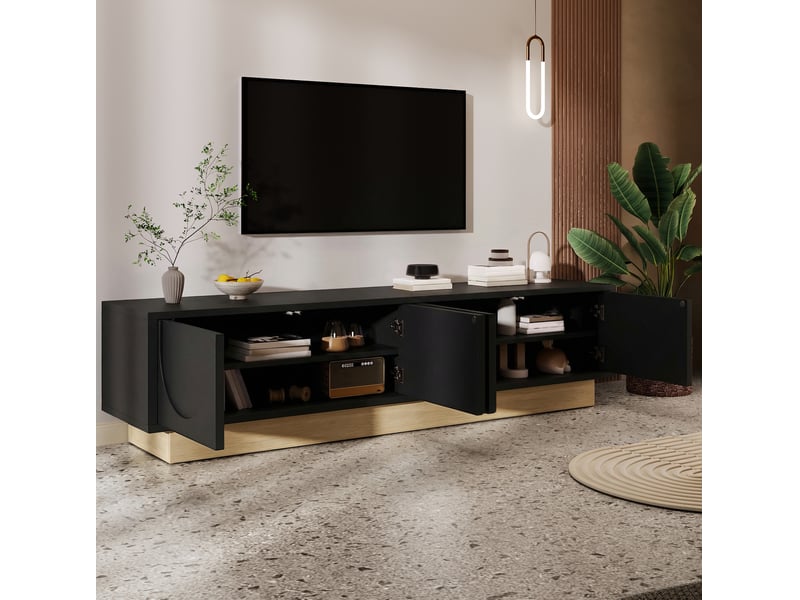  Meuble tv noir et bois 175 cm, 4 portes à ouverture par pression, mdf  - Conforama D