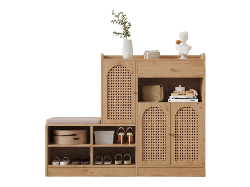  Meuble à chaussures 142x35x110 cm, 20 paires, banquette rembourrée, 3 portes effet cannage, tiroir et niches - Naturel Fay Lum - Conforama A