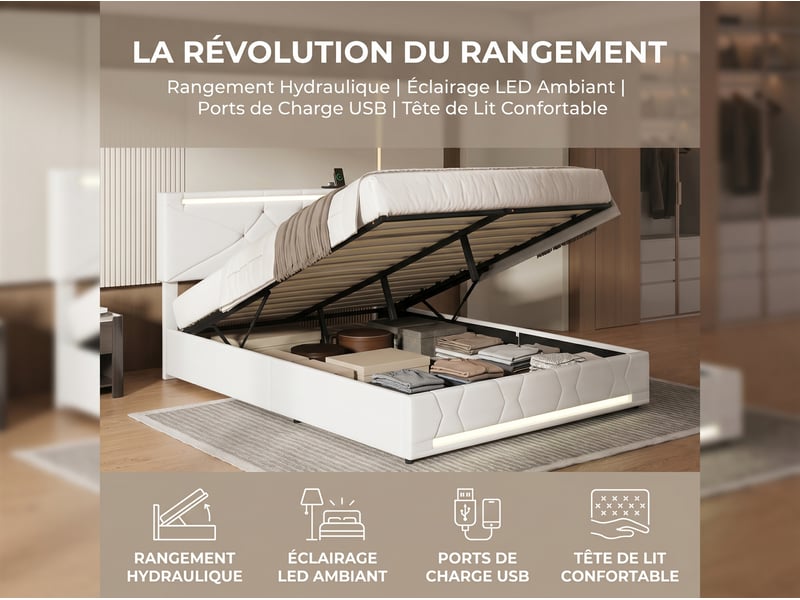  Lit 2 places 160x200 cm - led, usb - velours beige avec sommier à lattes inclus  - Conforama D