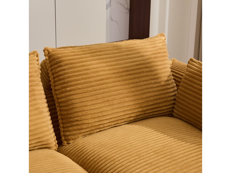 Canapé modulable 3 places en velours côtelé orange avec pouf, coussins et porte-gobelets inclus - Conforama R