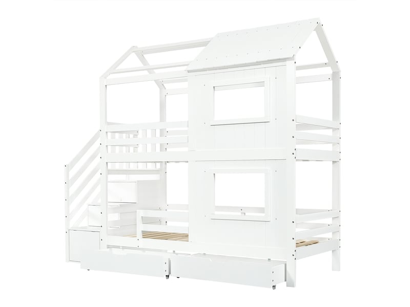  Lit superposé enfant 90x200 cm blanc avec escalier de rangement, tiroirs, toit et fenêtres  - Conforama A