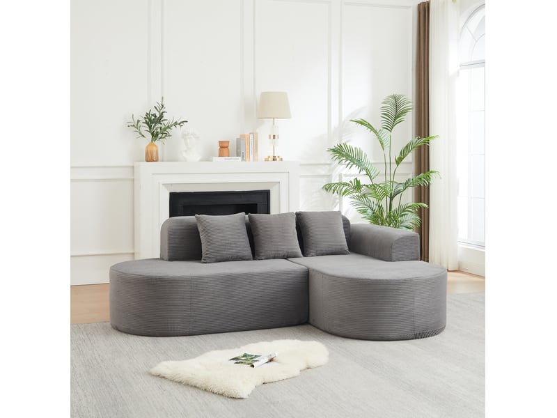 Canapé d'angle modulaire 4 places à méridienne, dossier incurvé et 3 coussins en velours côtelé gris - Conforama E