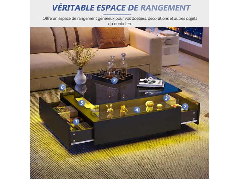  Table basse led noire pour salon, 70 x 70 x 41 cm, 2 tiroirs, plateau brillant, noir  - Conforama D