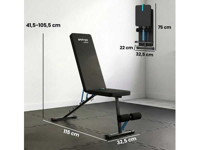 Banc de musculation réglable noir, dossier 7 positions, repose-jambes et charge maximale de 300 kg, pliable - Conforama C