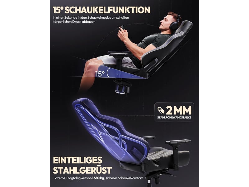  Fauteuil gaming et de bureau ergonomique – charge maximale 200 kg – accoudoirs 4d – soutien lombaire – noir  - Conforama E