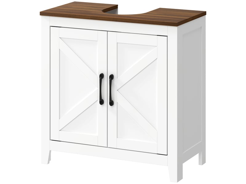  Meuble sous lavabo, meuble de salle de bain moderne avec 2 portes de grange et étagère réglable, blanc  - Conforama B