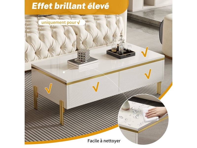  Meuble tv rangement généreux meuble de salon ensemble et table basse finition brillante unie bordures dorées  - Conforama E