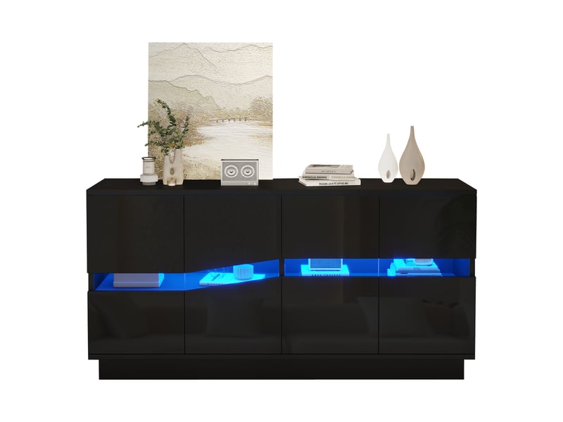  Buffet led 140x35x70 cm - 4 portes push-to-open et étagères réglables - meuble de rangement cuisine et salon - noir CozyNest - Conforama A