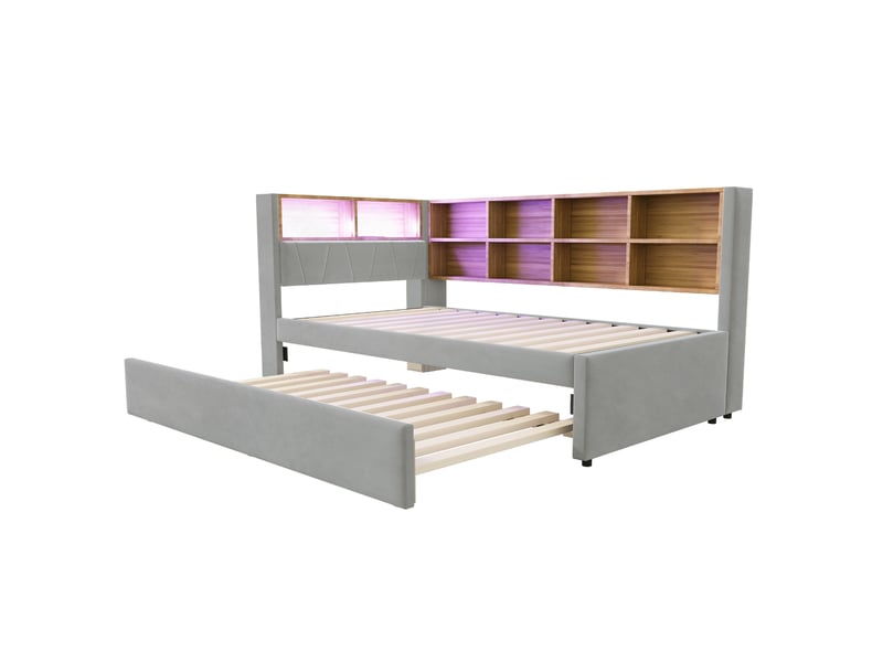  Canapé-lit 90x200 gris clair, lit gigogne 90x190, led, prises et rangements  - Conforama E