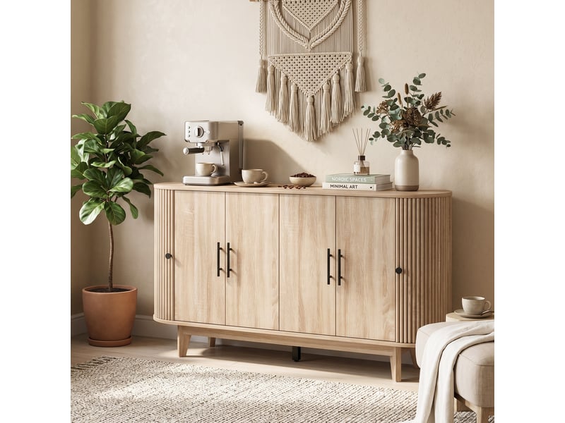 Buffet salon, meuble de rangement ovale avec 4 portes et 2 étagères réglables, 147x40x76cm, chêne - Conforama D