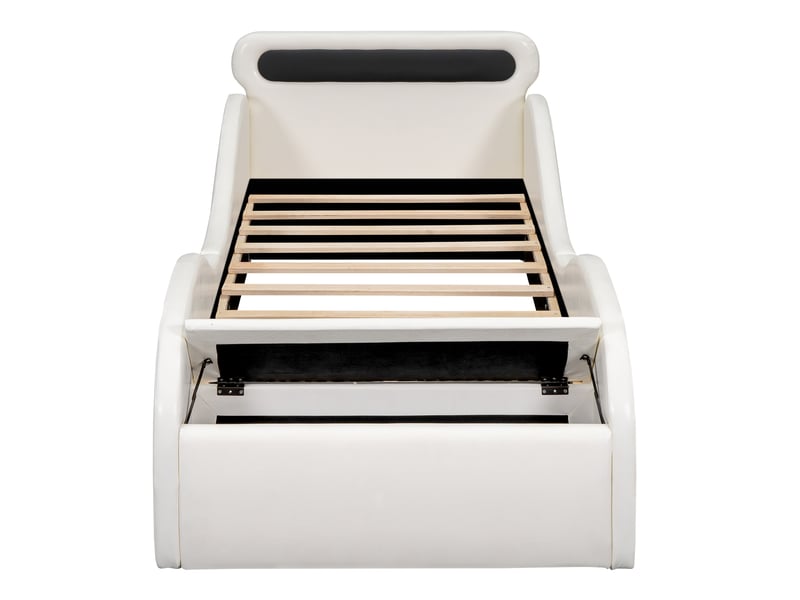 Lit voiture modenvie 90 x 200 cm avec roues lumineuses et rangement pu mdf blanc  - Conforama A
