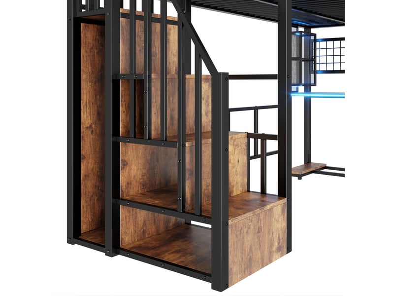  Lit mezzanine 90 x 200 cm avec bureau et armoire, échelle de rangement, éclairage led, structure en métal et mdf noir  - Conforama R