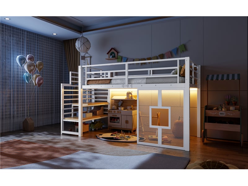  Lit mezzanine simple 90×200 cm avec escalier, rangement et led réglable - okmyhome- blanc, sans matelas  - Conforama E