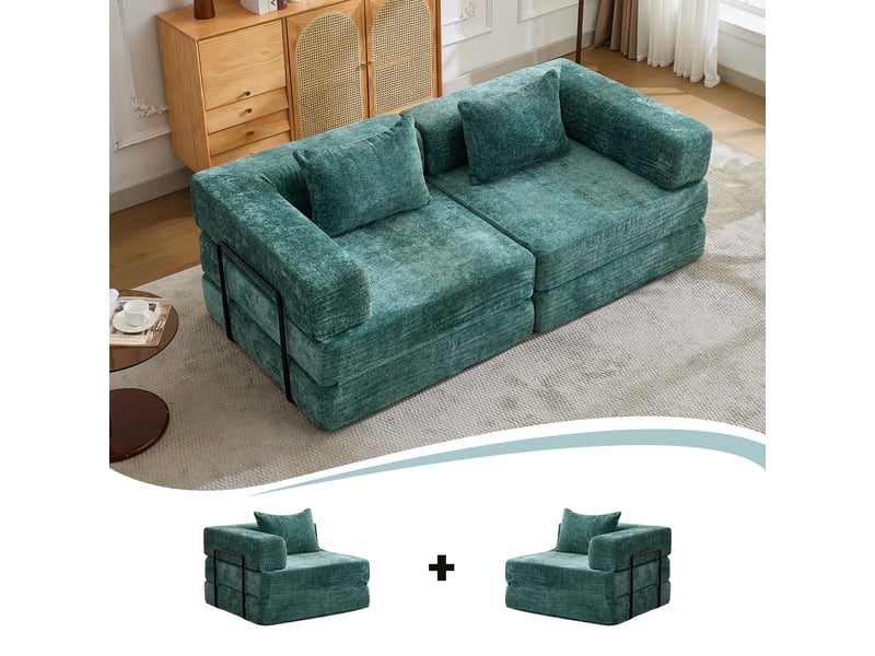  Canapé d'angle, canapé convertible, en tissu chenille, vert foncé, pour salon, adapté à l'espace de vie, chambre  - Conforama R